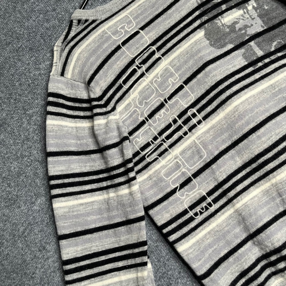 Artful Dodger Mens Grey Striped 100% Wool V-Neck Button Front Cardigan Sweater L - Picture 7 of 7